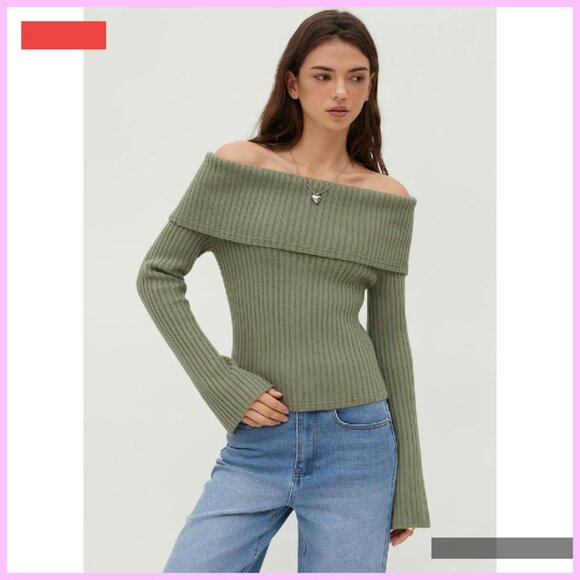 Off Shoulder Long Sleeve Knit Pullover Y2K Top Women's Going Out - Picture 2 of 4